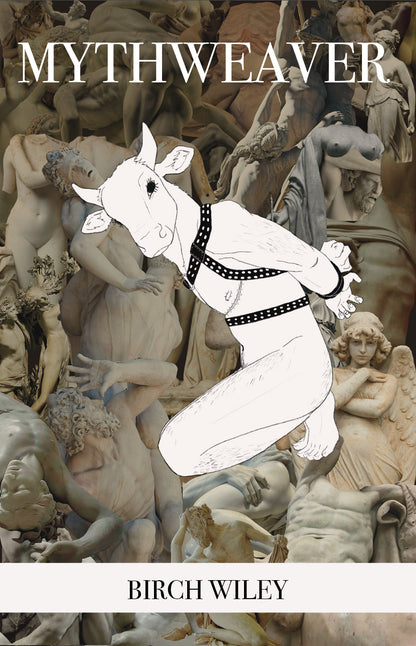 Book cover of 'Mythweaver' by Birch Wiley with a stylized figure and classical statues in the background.